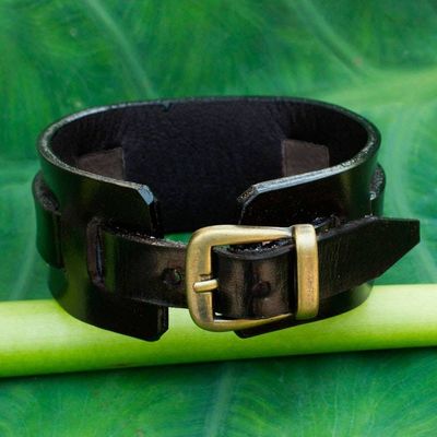 Alternate image for Mens Artisan Crafted Leather Wristband Bracelet Lanna Warrior in Black