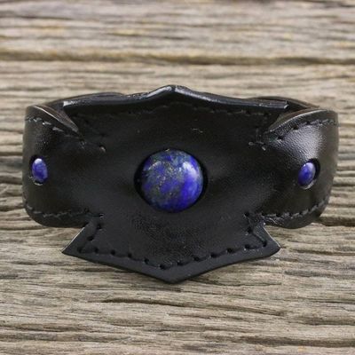Alternate image for Mens Lapis Lazuli and Notched Black Leather Cuff Bracelet World View