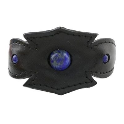 Alternate image for Mens Lapis Lazuli and Notched Black Leather Cuff Bracelet World View