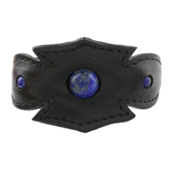 Alternate image for Mens Lapis Lazuli and Notched Black Leather Cuff Bracelet World View