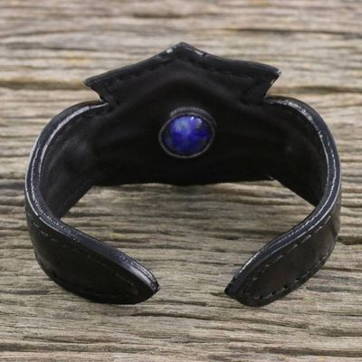 Alternate image for Mens Lapis Lazuli and Notched Black Leather Cuff Bracelet World View