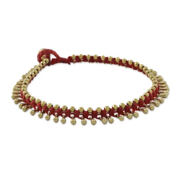 Alternate image for Handmade Red Knotted Brass Beaded Red Cord Anklet Lunar Red