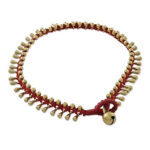 Alternate image for Handmade Red Knotted Brass Beaded Red Cord Anklet Lunar Red
