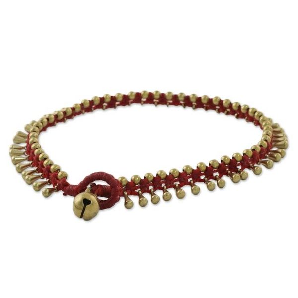 Alternate image for Handmade Red Knotted Brass Beaded Red Cord Anklet Lunar Red