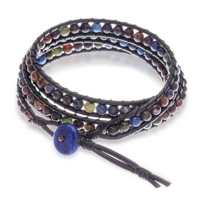 Alternate image for Jasper Lapis Lazuli Wrap Bracelet with Black Leather Cord Black Melody