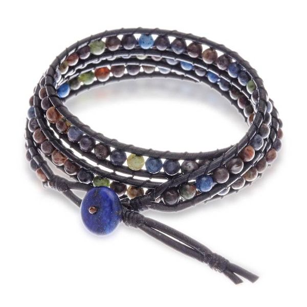 Alternate image for Jasper Lapis Lazuli Wrap Bracelet with Black Leather Cord Black Melody