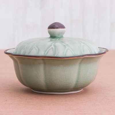 Alternate image for Genuine Celadon Ceramic Lidded Bowl from Thailand Bai Bua