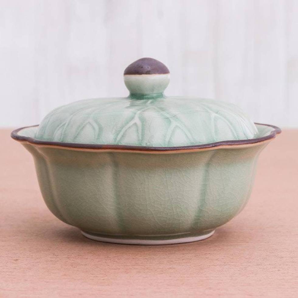 Genuine Celadon Ceramic Lidded Bowl from Thailand 'Bai Bua'