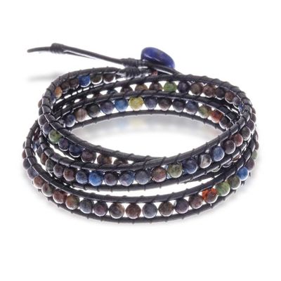 Alternate image for Jasper Lapis Lazuli Wrap Bracelet with Black Leather Cord Black Melody