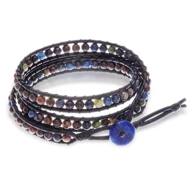 Alternate image for Jasper Lapis Lazuli Wrap Bracelet with Black Leather Cord Black Melody