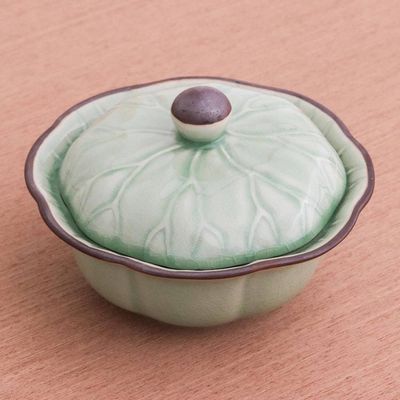 Alternate image for Genuine Celadon Ceramic Lidded Bowl from Thailand Bai Bua
