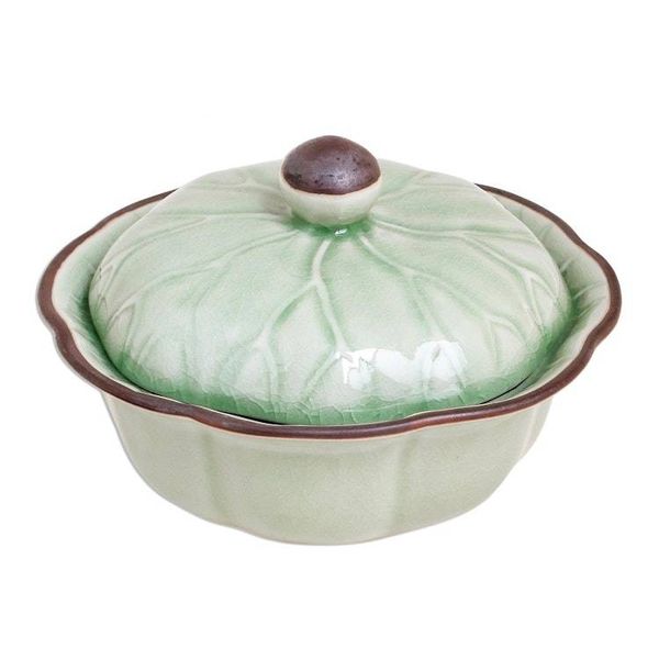 Alternate image for Genuine Celadon Ceramic Lidded Bowl from Thailand Bai Bua