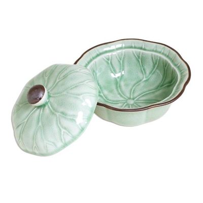 Alternate image for Genuine Celadon Ceramic Lidded Bowl from Thailand Bai Bua