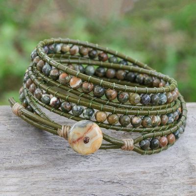 Alternate image for Handcrafted Jasper Wrap Bracelet with Green Leather Cord Green Melody
