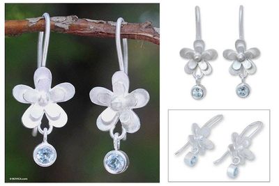 Primary image for Hand Crafted Silver and Blue Topaz Flower Earrings Frangipani Dew
