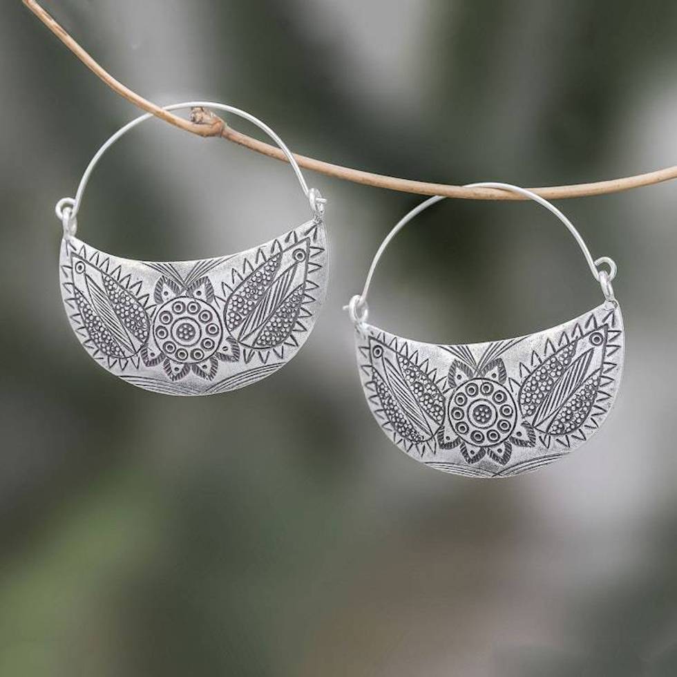 Floral Karen Silver Hoop Earrings from Thailand 'Karen Crescent'