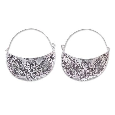 Alternate image for Floral Karen Silver Hoop Earrings from Thailand Karen Crescent