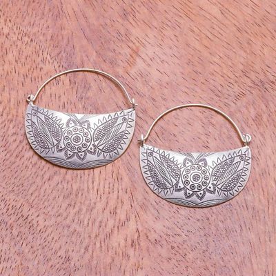 Alternate image for Floral Karen Silver Hoop Earrings from Thailand Karen Crescent