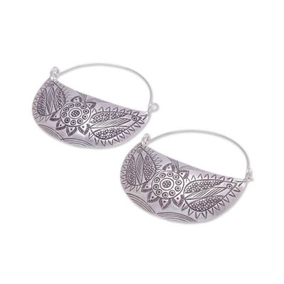 Alternate image for Floral Karen Silver Hoop Earrings from Thailand Karen Crescent