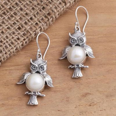 Primary image for Sterling Silver Cultured Pearl Owl Dangle Earrings Wise Owls
