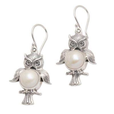 Alternate image for Sterling Silver Cultured Pearl Owl Dangle Earrings Wise Owls