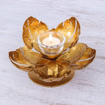 Alternate image for Hand Cut Steel and Gold Foil Lotus Tealight Holder Blessed Lotus
