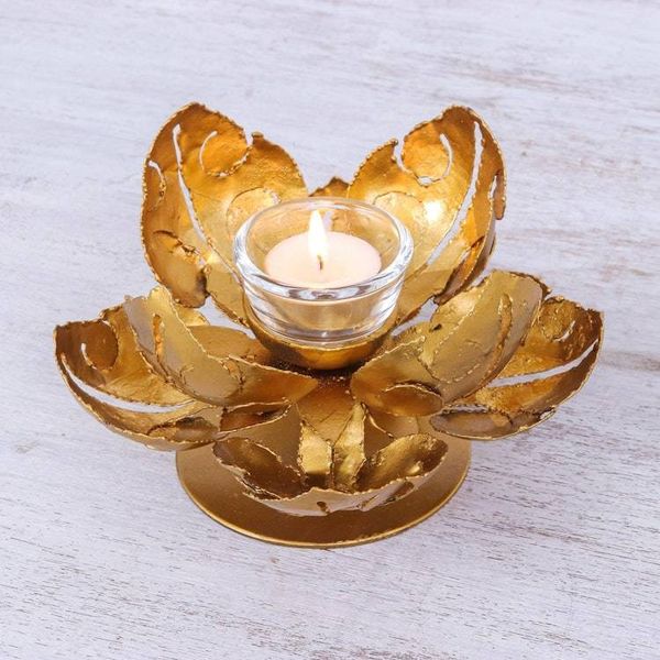 Alternate image for Hand Cut Steel and Gold Foil Lotus Tealight Holder Blessed Lotus