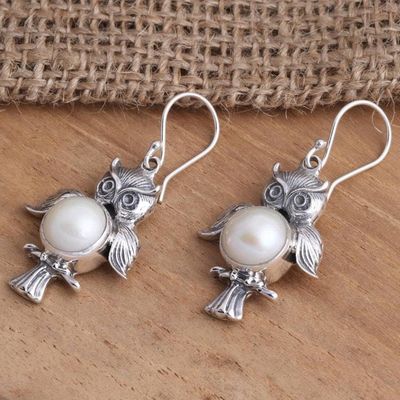 Alternate image for Sterling Silver Cultured Pearl Owl Dangle Earrings Wise Owls