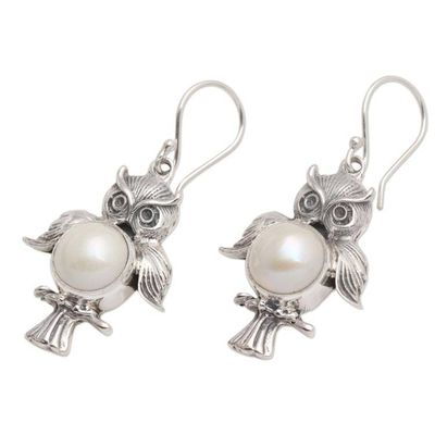 Alternate image for Sterling Silver Cultured Pearl Owl Dangle Earrings Wise Owls