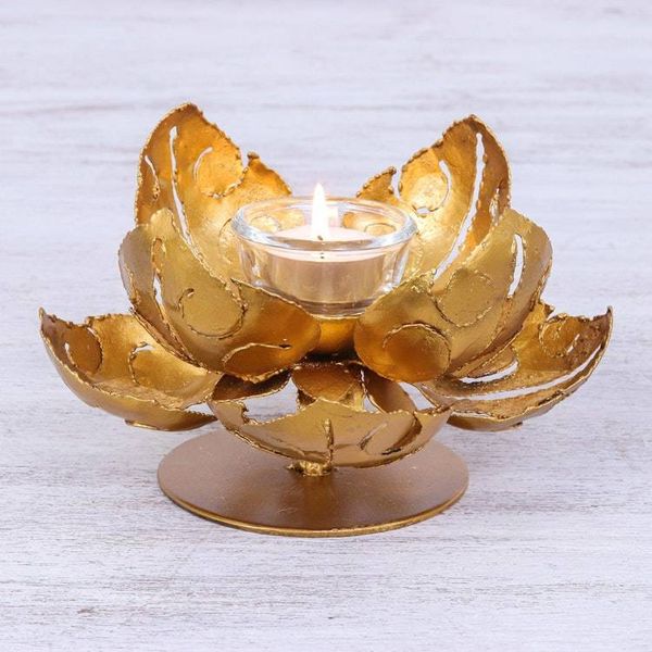 Alternate image for Hand Cut Steel and Gold Foil Lotus Tealight Holder Blessed Lotus