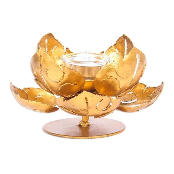 Alternate image for Hand Cut Steel and Gold Foil Lotus Tealight Holder Blessed Lotus