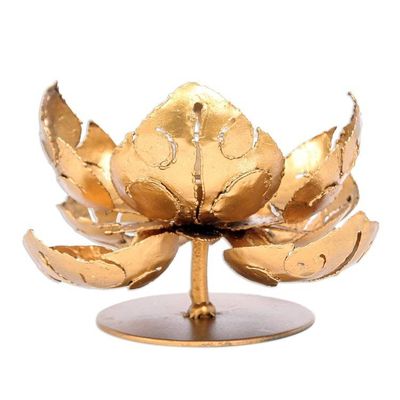 Alternate image for Hand Cut Steel and Gold Foil Lotus Tealight Holder Blessed Lotus