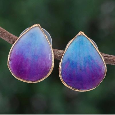 Primary image for Hand Crafted Orchid Flower Button Earrings Mini Rock Orchid in Blue
