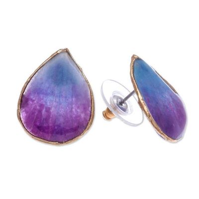 Alternate image for Hand Crafted Orchid Flower Button Earrings Mini Rock Orchid in Blue