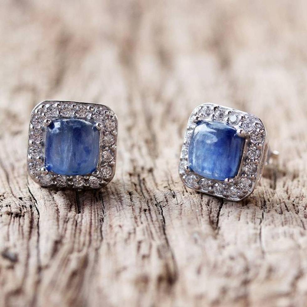 Rhodium Plated Kyanite and Cubic Zirconia Stud Earrings 'Blue Squares'