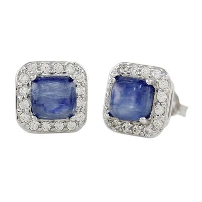 Alternate image for Rhodium Plated Kyanite and Cubic Zirconia Stud Earrings Blue Squares