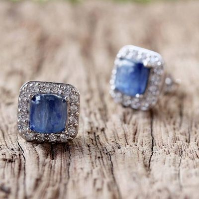 Alternate image for Rhodium Plated Kyanite and Cubic Zirconia Stud Earrings Blue Squares