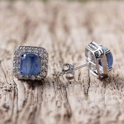 Alternate image for Rhodium Plated Kyanite and Cubic Zirconia Stud Earrings Blue Squares