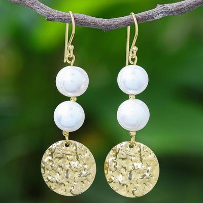 Alternate image for Cultured Pearl and Brass Coin Dangle Earrings Golden Coin in White