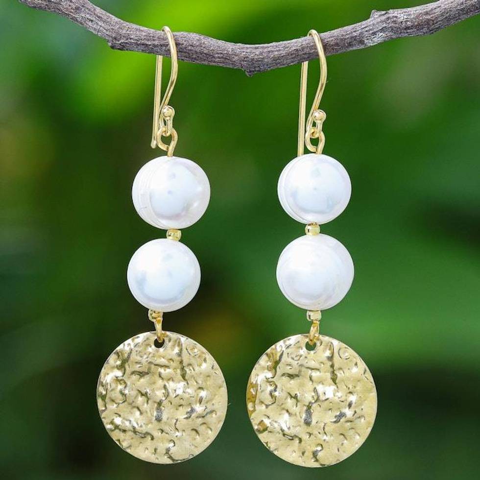 Cultured Pearl and Brass Coin Dangle Earrings 'Golden Coin in White'