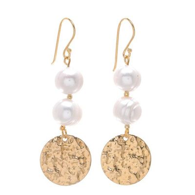 Alternate image for Cultured Pearl and Brass Coin Dangle Earrings Golden Coin in White