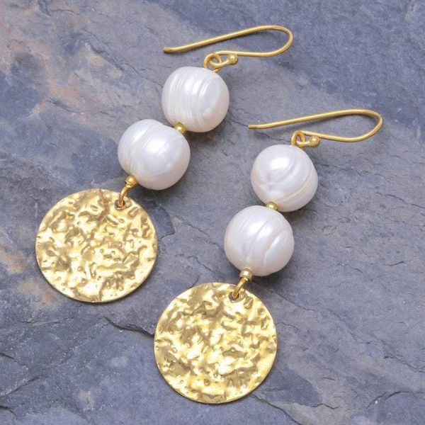 Alternate image for Cultured Pearl and Brass Coin Dangle Earrings Golden Coin in White