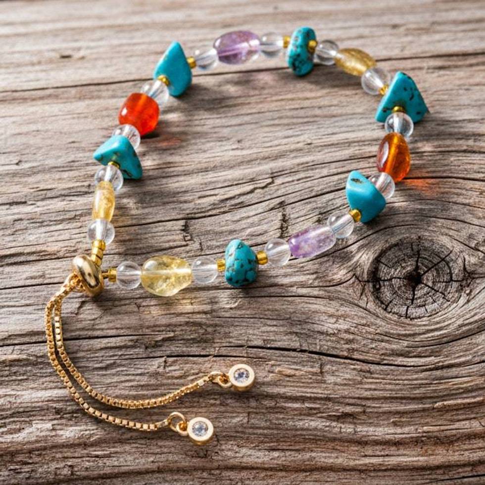 Thai-Made Brass Beaded Bracelet with Multi-Gemstone Jewels 'Thriving Tranquil Love'