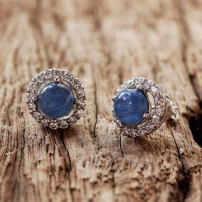 Alternate image for Rhodium Plated Kyanite and Cubic Zirconia Button Earrings Tossing Ocean