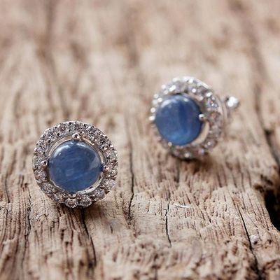 Alternate image for Rhodium Plated Kyanite and Cubic Zirconia Button Earrings Tossing Ocean