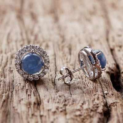 Alternate image for Rhodium Plated Kyanite and Cubic Zirconia Button Earrings Tossing Ocean