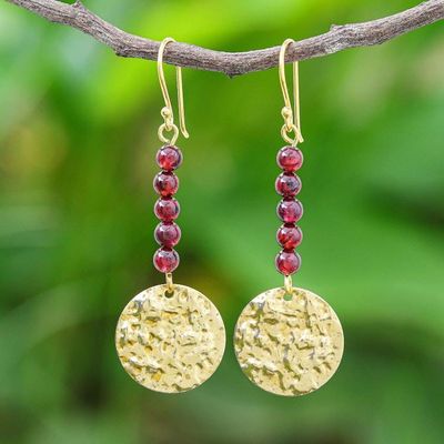 Alternate image for Natural Garnet Bead and Brass Coin Dangle Earrings Golden Coin in Red