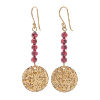 Alternate image for Natural Garnet Bead and Brass Coin Dangle Earrings Golden Coin in Red