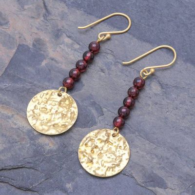 Alternate image for Natural Garnet Bead and Brass Coin Dangle Earrings Golden Coin in Red