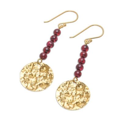 Alternate image for Natural Garnet Bead and Brass Coin Dangle Earrings Golden Coin in Red